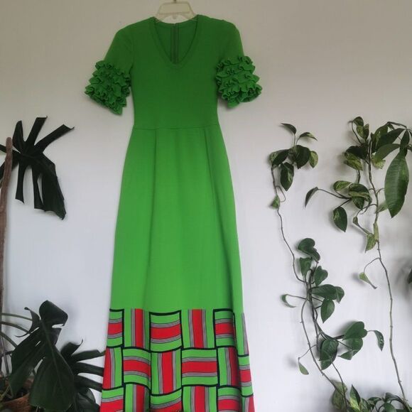 Rare Designer Vintage 70sΒ Dressβin Neon Lime Green Maxi Ruffle PuffβSleeves - Picture 2 of 8